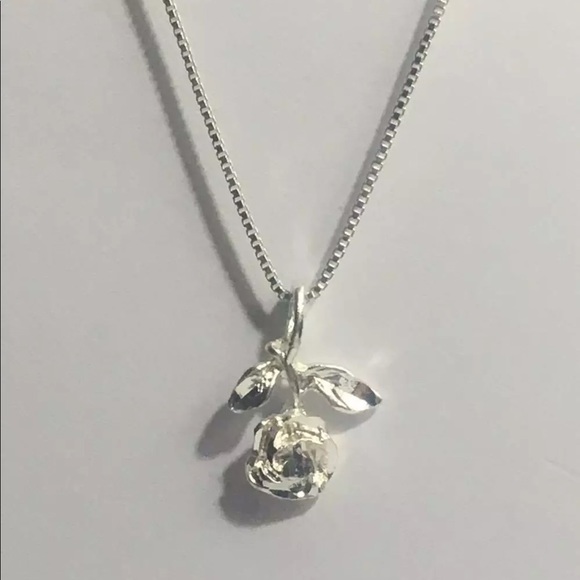 Sterling Silver Single Short Stem Rose Necklace - Picture 1 of 2